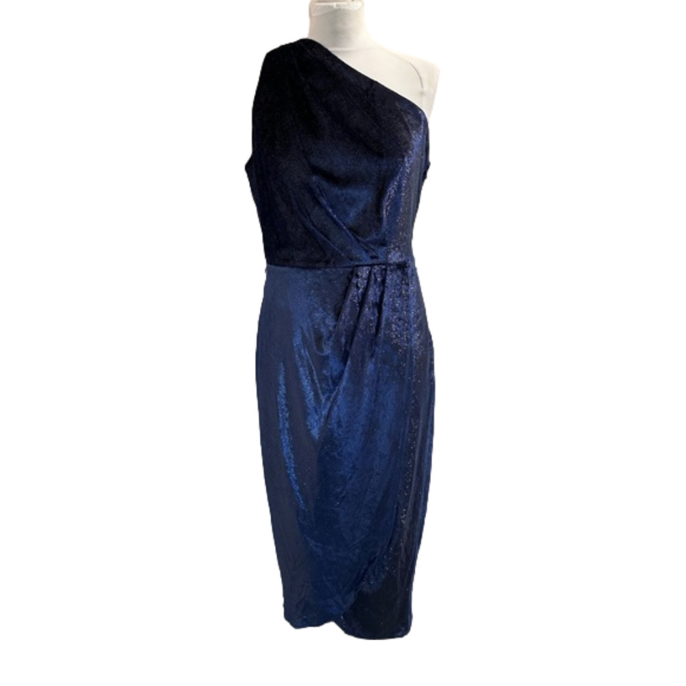 TED Baker Size 3 Navy One Shoulder Drape Midi Dress - Picture 1 of 17